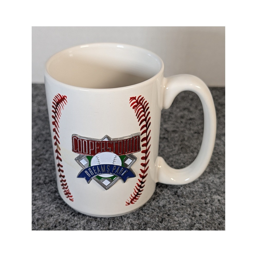 Cooperstown Dreams Park Baseball Mug 15oz White Ceramic 3D Pewter Logo Stitching